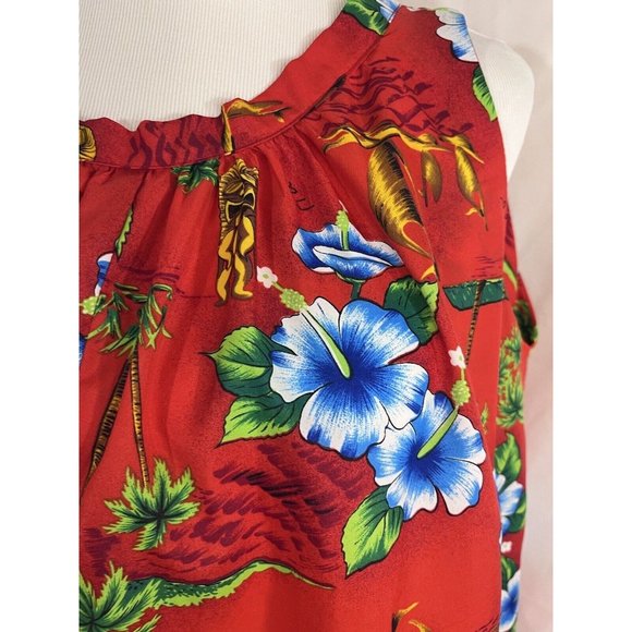 Vintage Hawaiian Muumuu Dress Red Tiki Ship Size 16 Polyester Lightweight - Picture 4 of 11